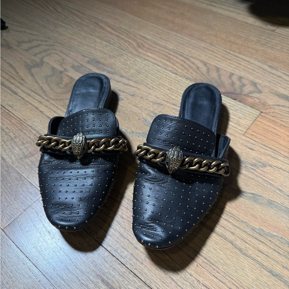 Kurt Geiger Black Studded Mules with Gold Chain